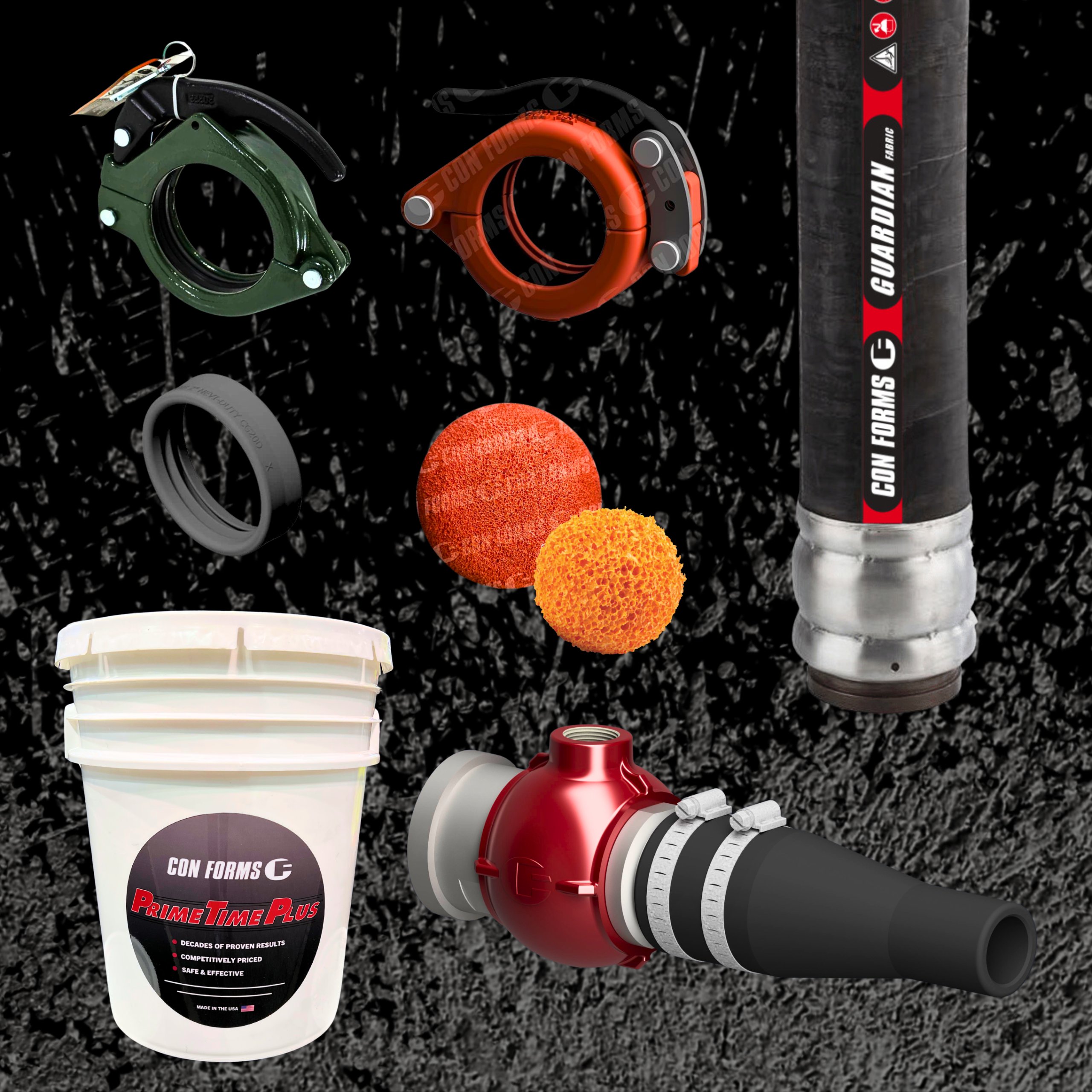 Con Forms small-line shotcrete components including clamps, nozzle, washout and Prime Time Plus